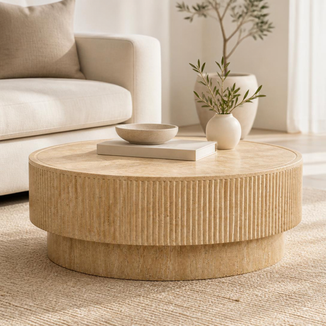 Round Fluted Travertine Coffee Table