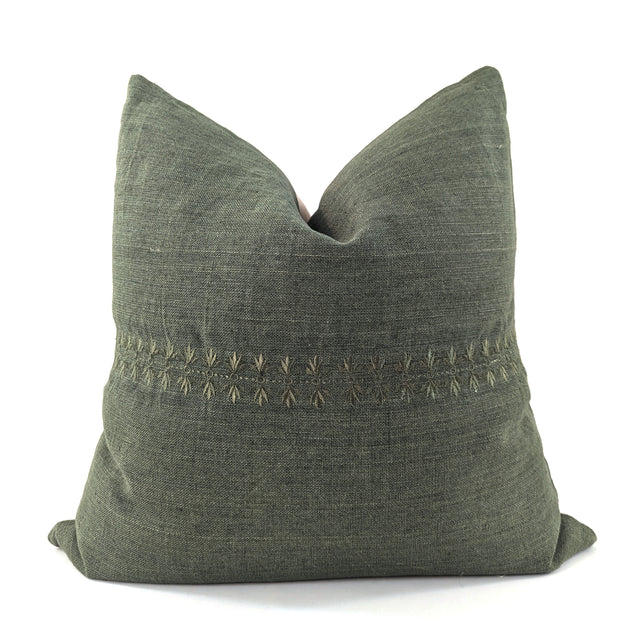 Sage Green 100% Linen Embroidered Cushion Cover, 52x52cm