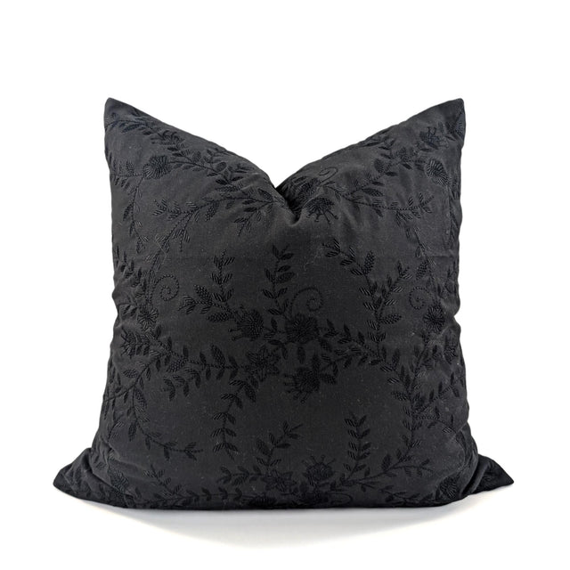 Floral Vine Embroidered Cushion Cover, Midnight Black, 52x52cm