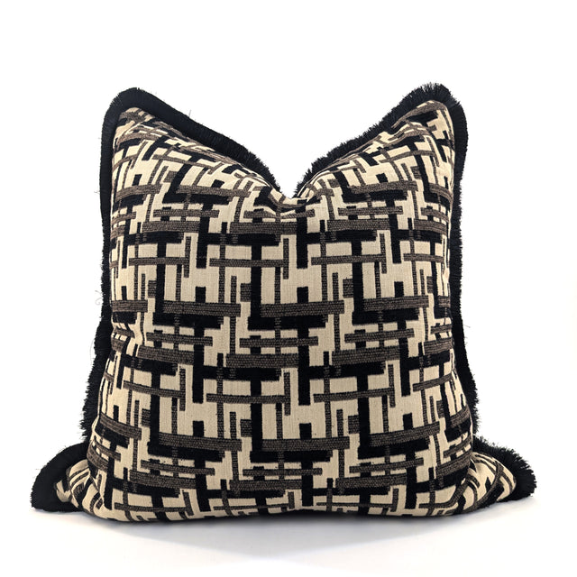 Lattice Fringe Cushion Cover, Black Geometric Jacquard, 52x52cm